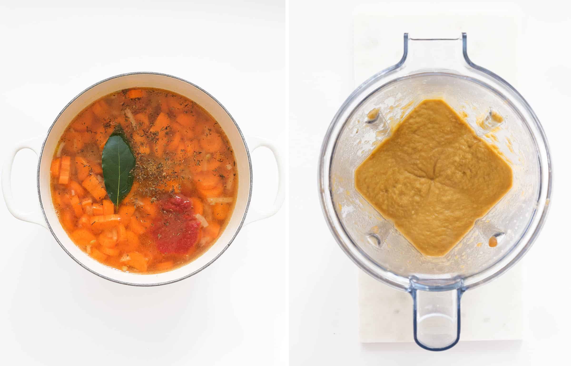 Top view of a blender that blend part of the lentil carrot soup.