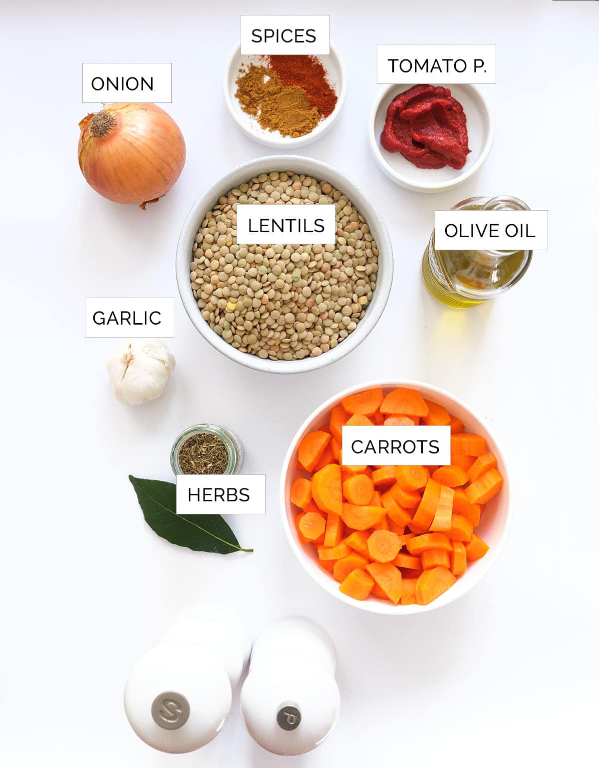 Top view of the ingredients to make this carrot lentil soup.