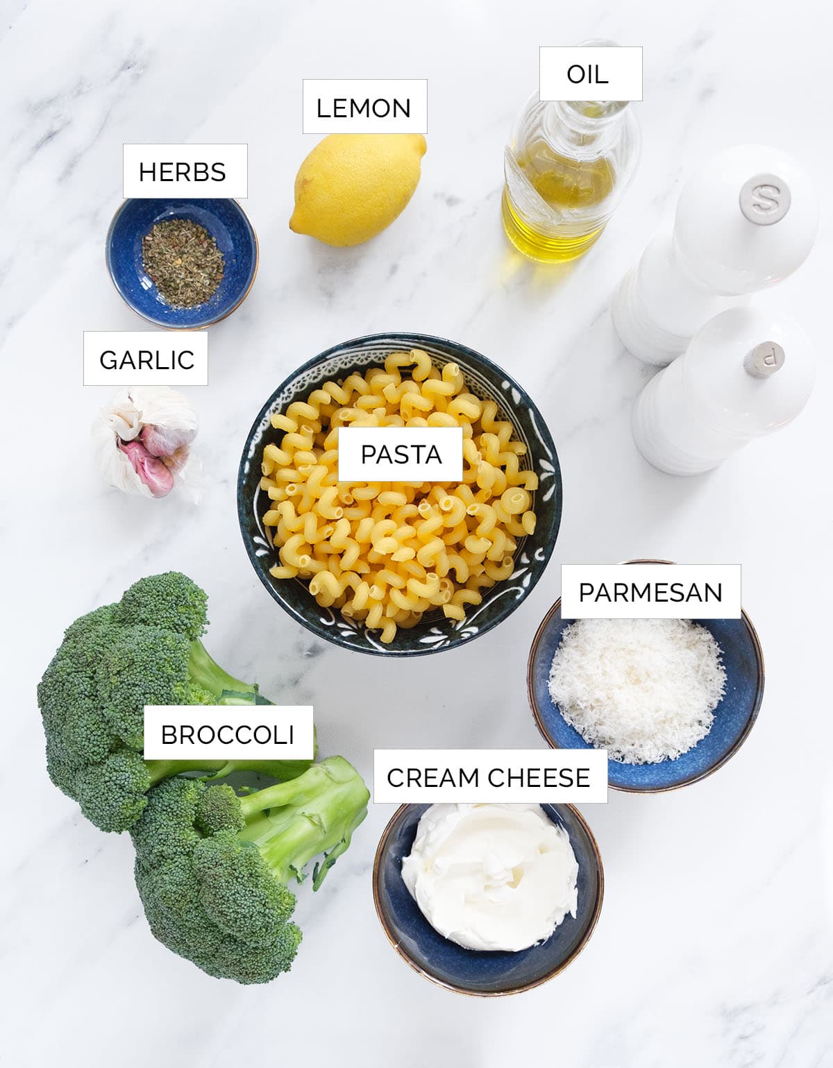 Top view of the ingredients to make creamy broccoli pasta.