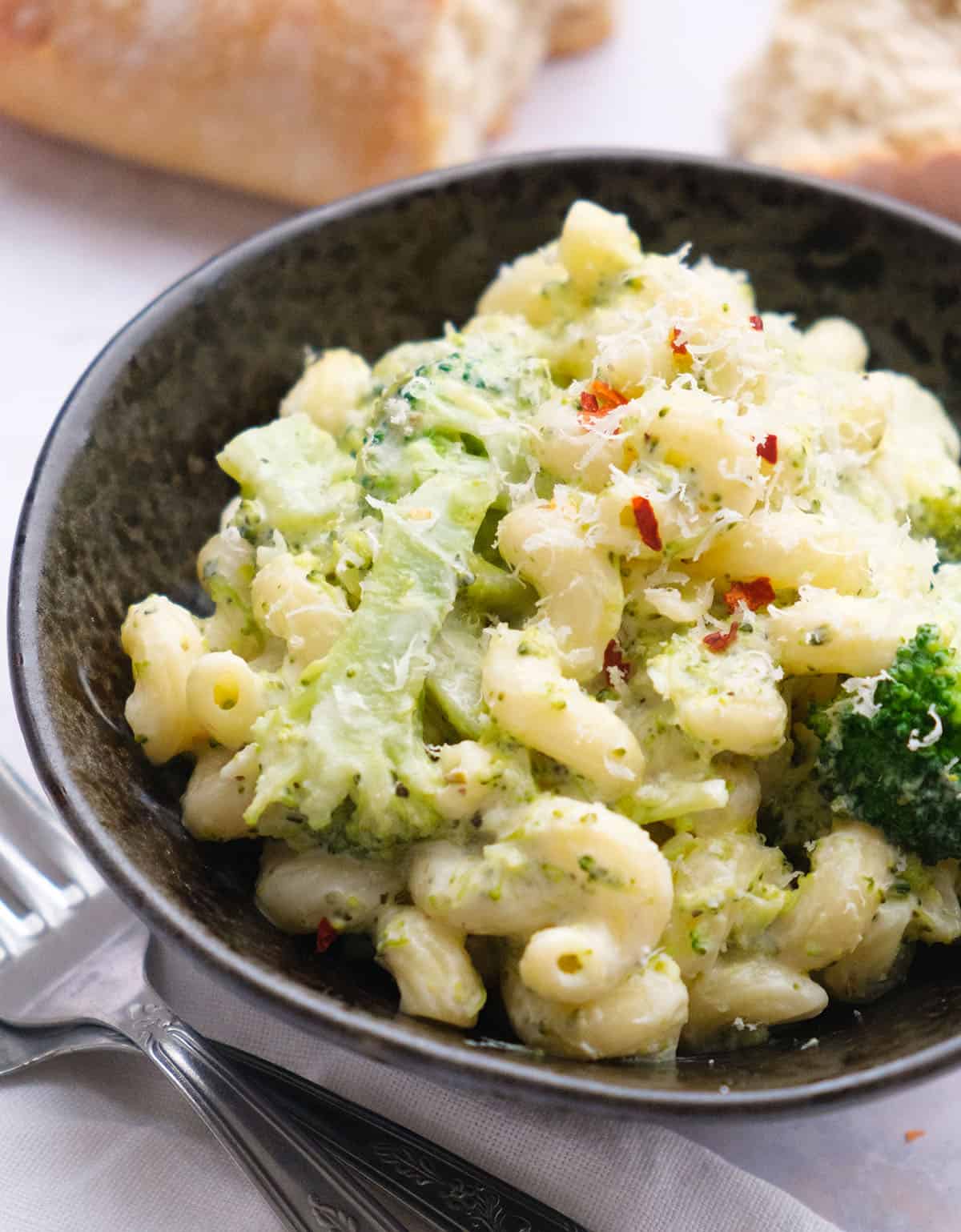 Close-up of some creamy broccoli pasta.