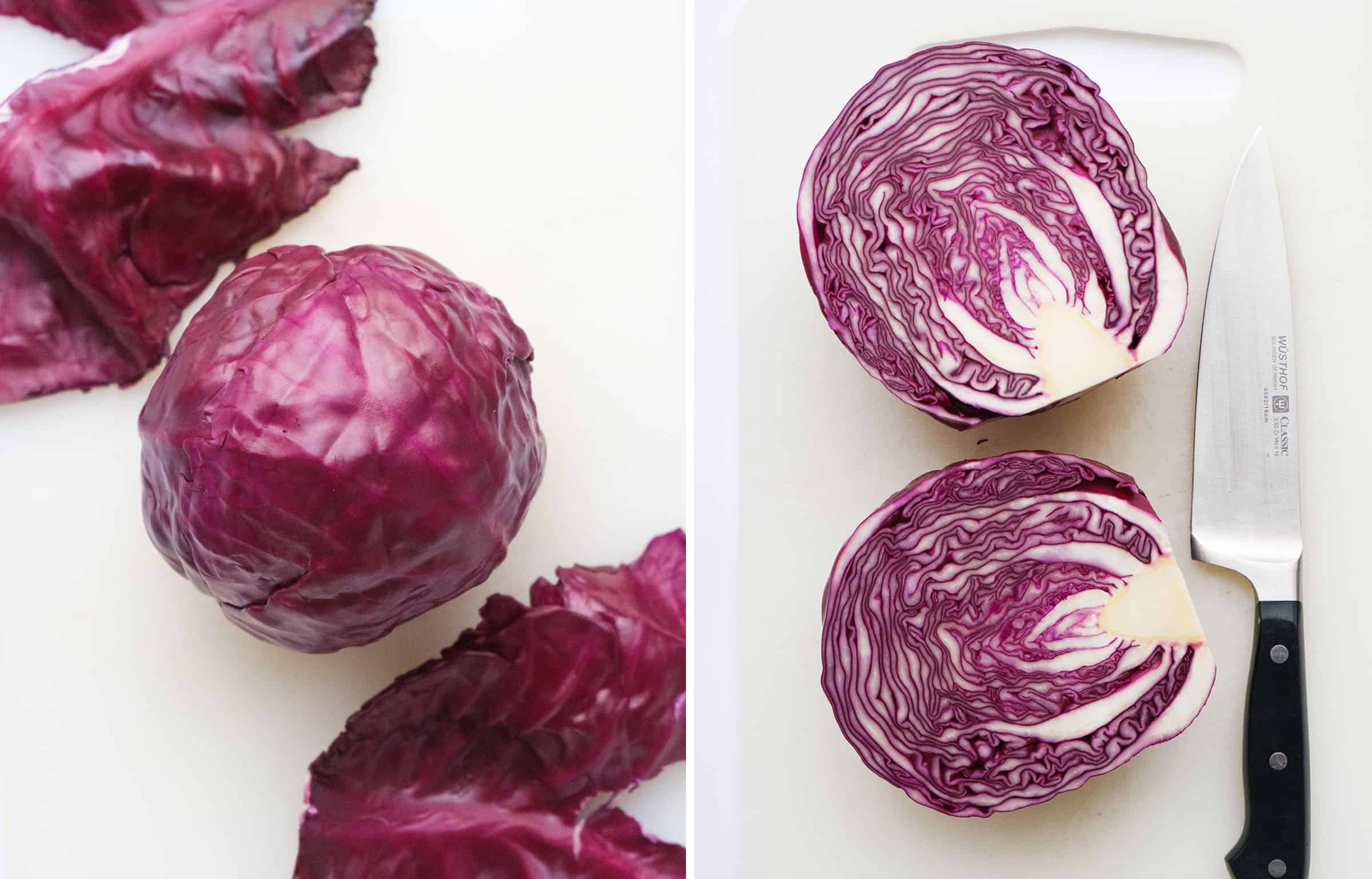 Top view of a red cabbage on a white cutting board showing how to cut it.