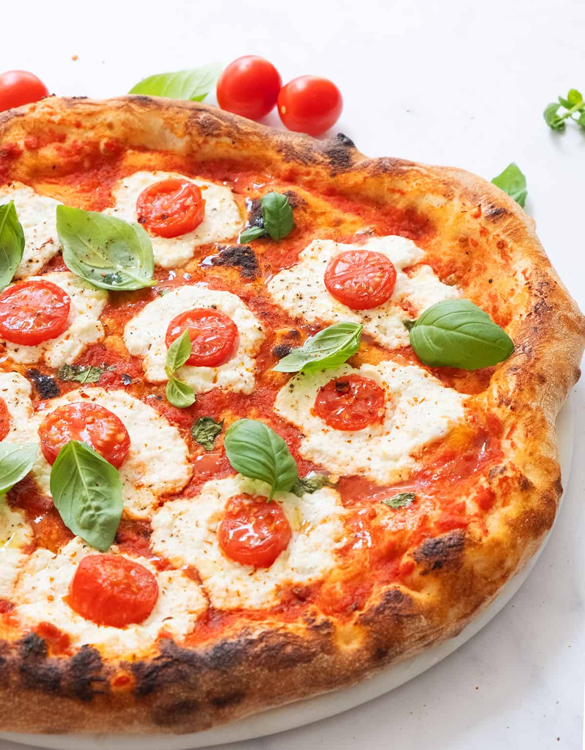 Close-up of a ricotta pizza with cherry tomatoes and fresh basil.