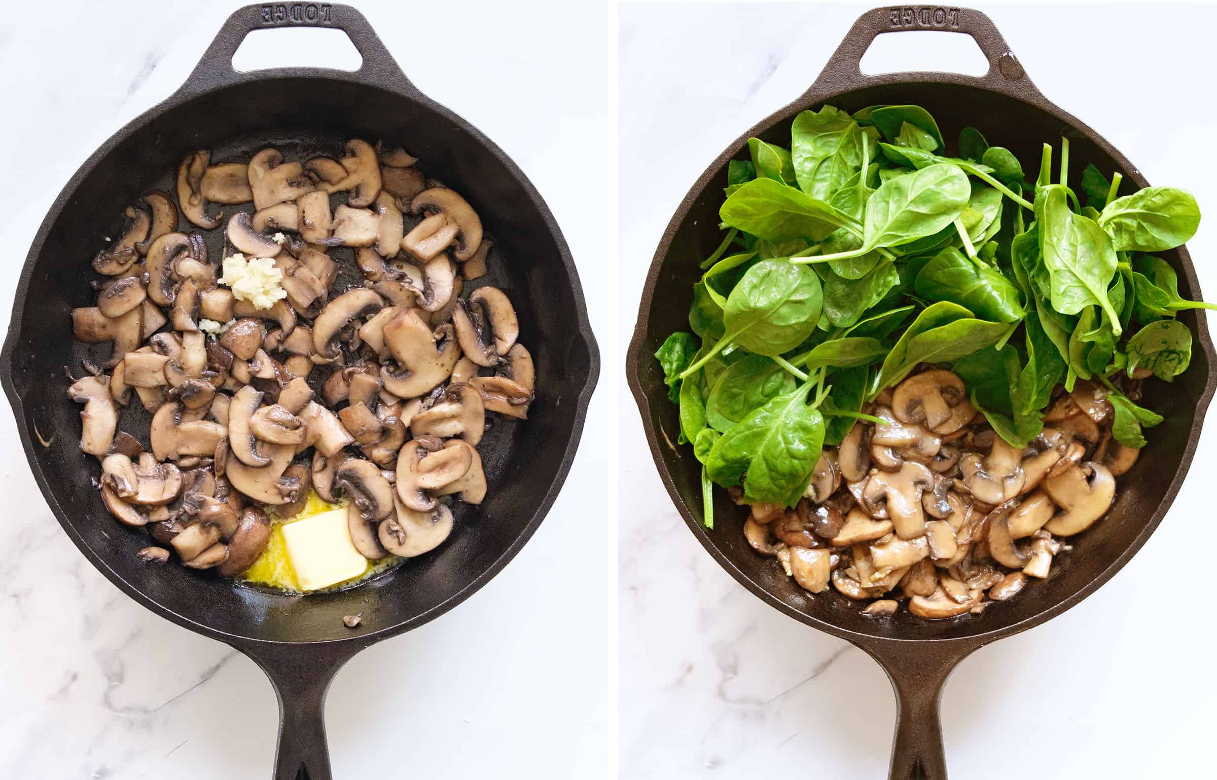 Top view of a black iron skillet full of spinach and mushrooms.