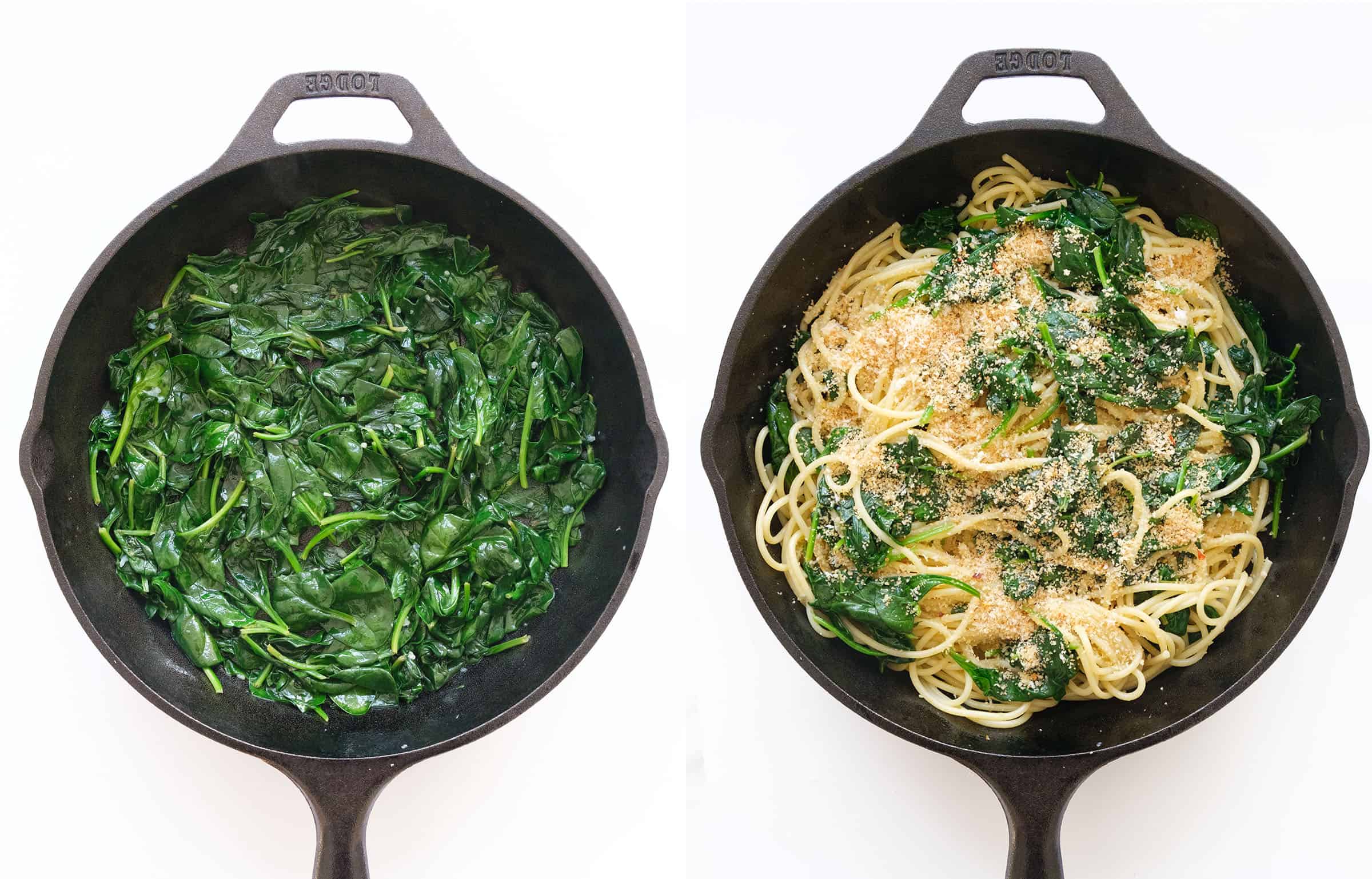 Top view of a cast iron skillet full of spinach and spaghetti.