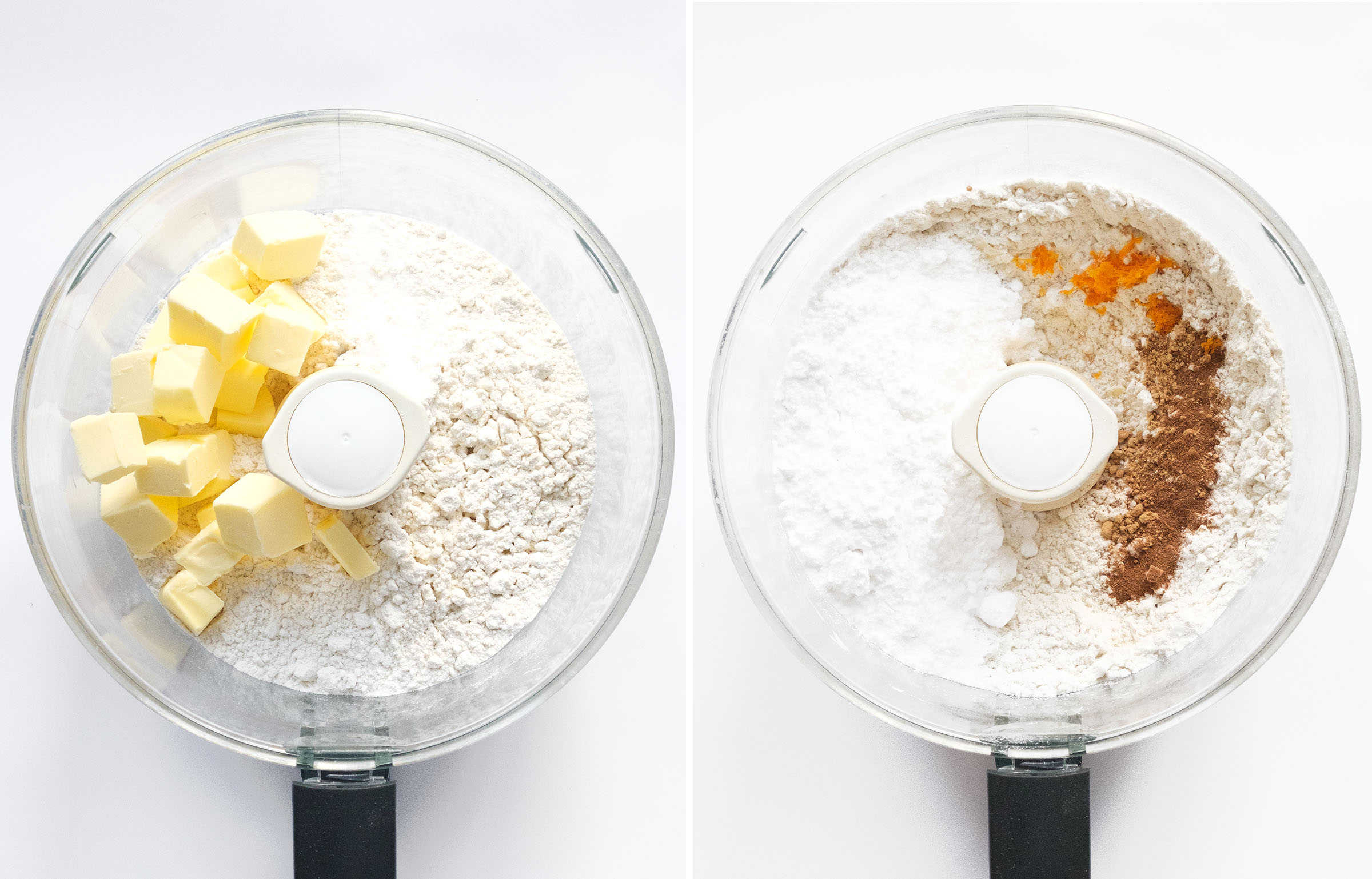 Top view of a food processor showing how to mix butter, sugar and flour.