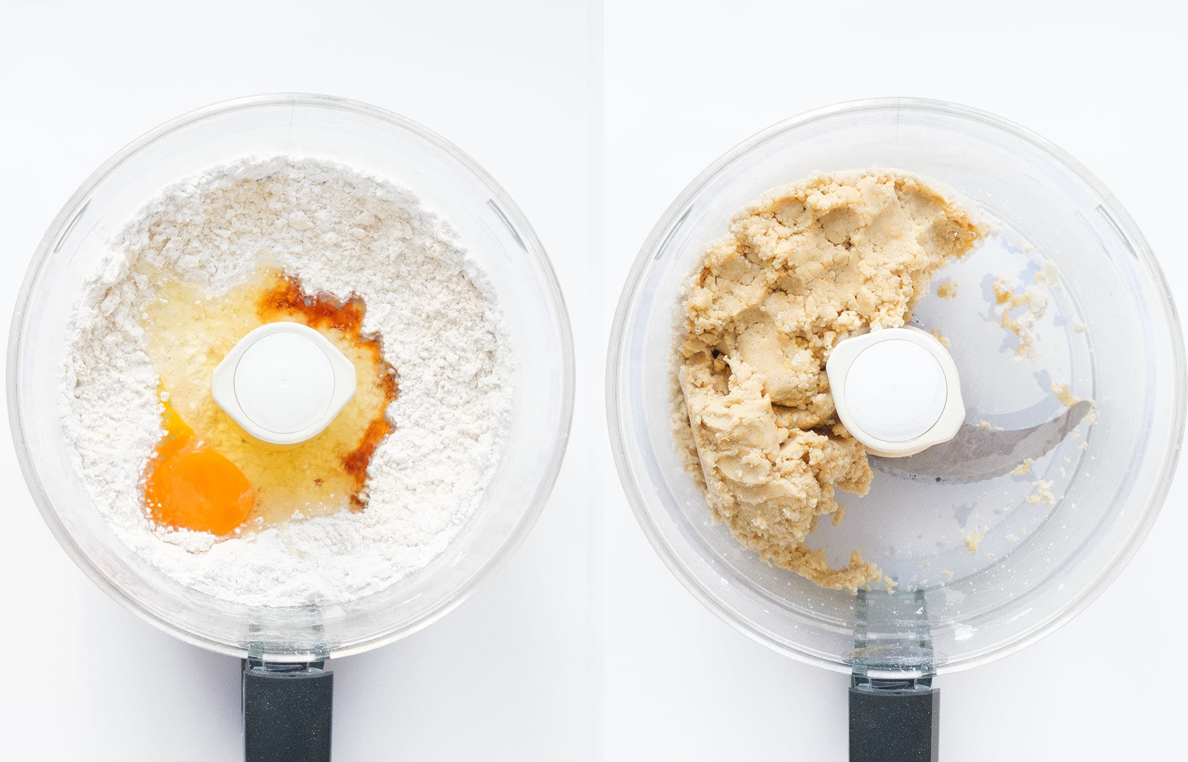 Top view of a food processor showing how the egg turns the dry ingredients into a cookie dough.