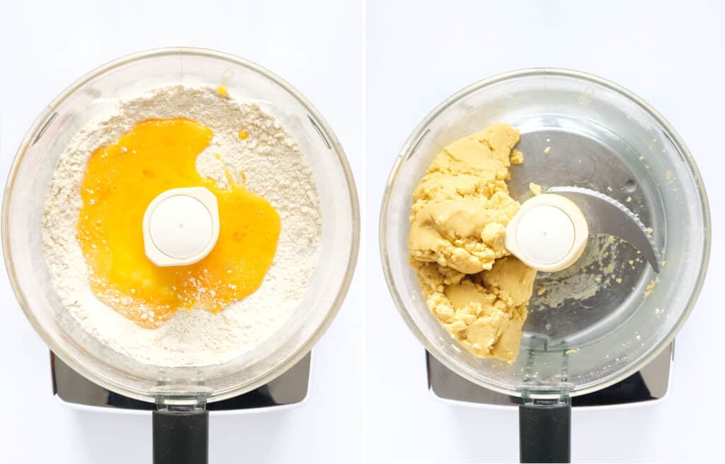 Top view of a food processor showing how the flour mixture turns into a dough after adding an egg.