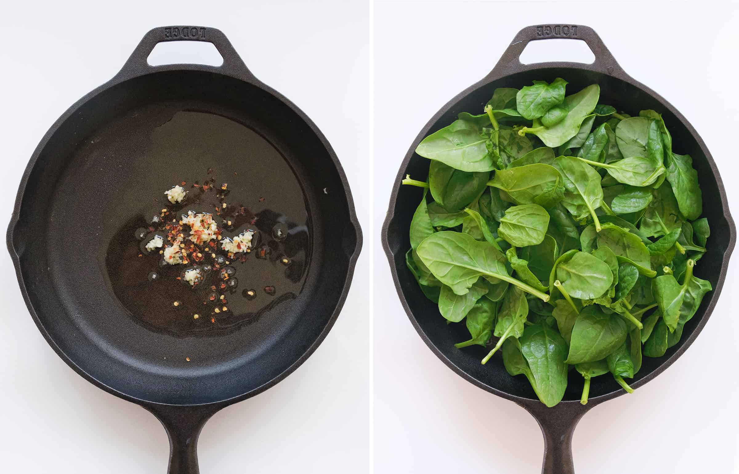 Two images showing a cast iron skillet full of garlic, olive oil and raw spinach.