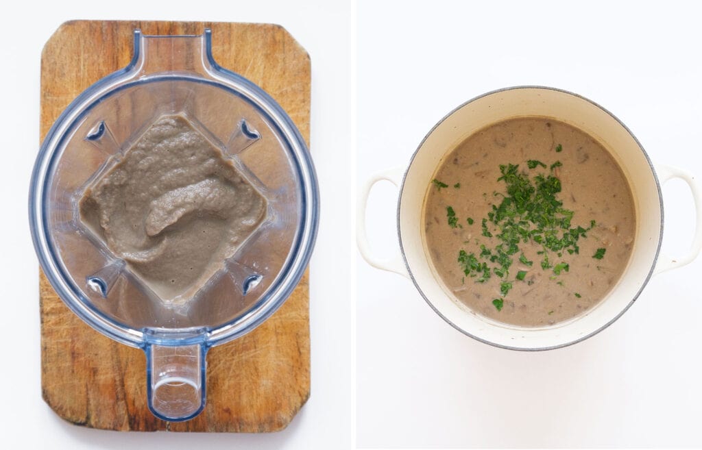Two images showing a blender full of blended mushroom soup and a white cast iron full of vegan mushroom soups.