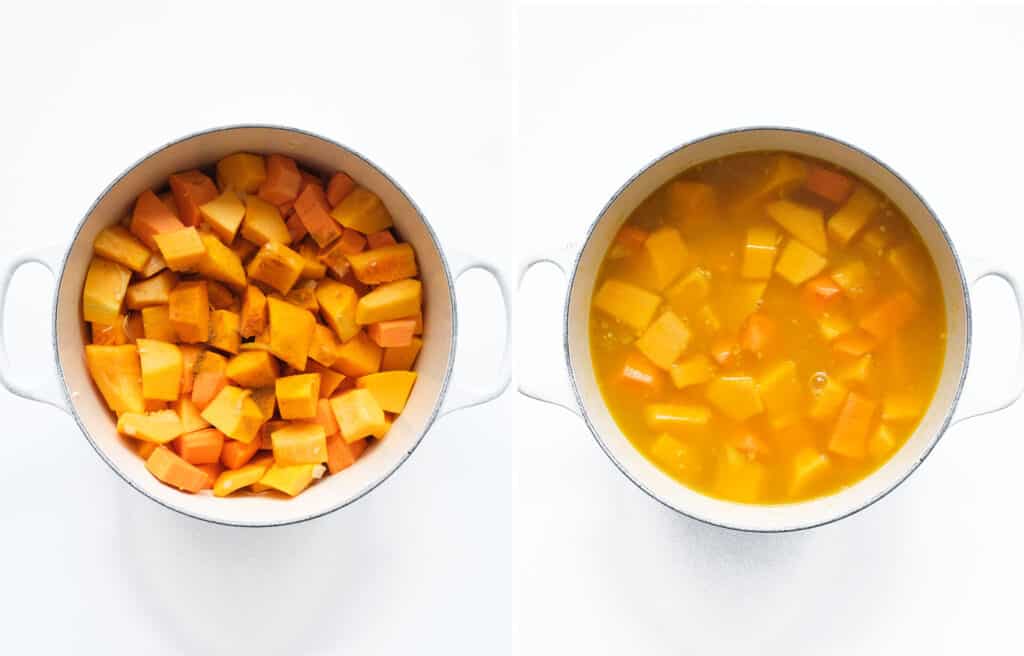 Top view of a white pot full of butternut squash and sweet potato soup before and after cooking.