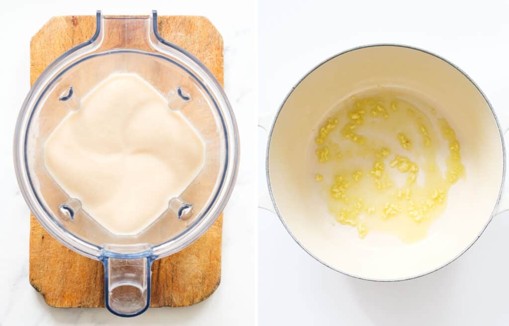 A stand blender full of pureed beans and a dutch oven with garlic and olive oil.