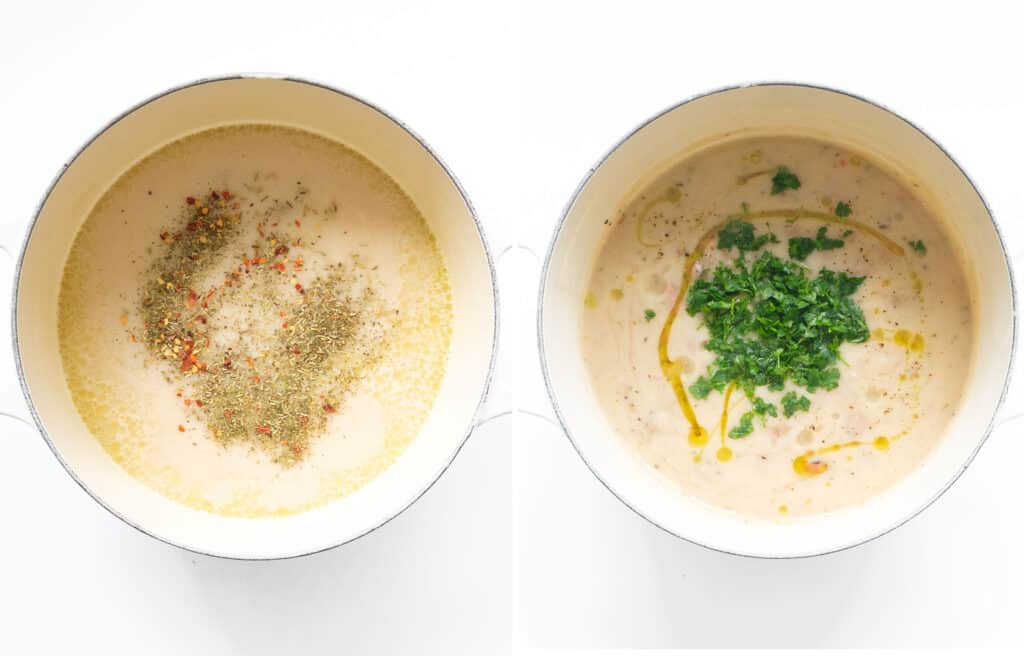 Top view of a Dutch oven full of creamy bean soup before and after cooking.
