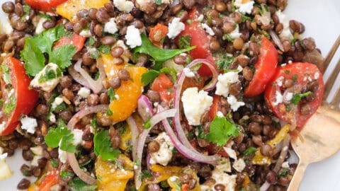 Top view of a white plate full of Mediterranean lentil salad.