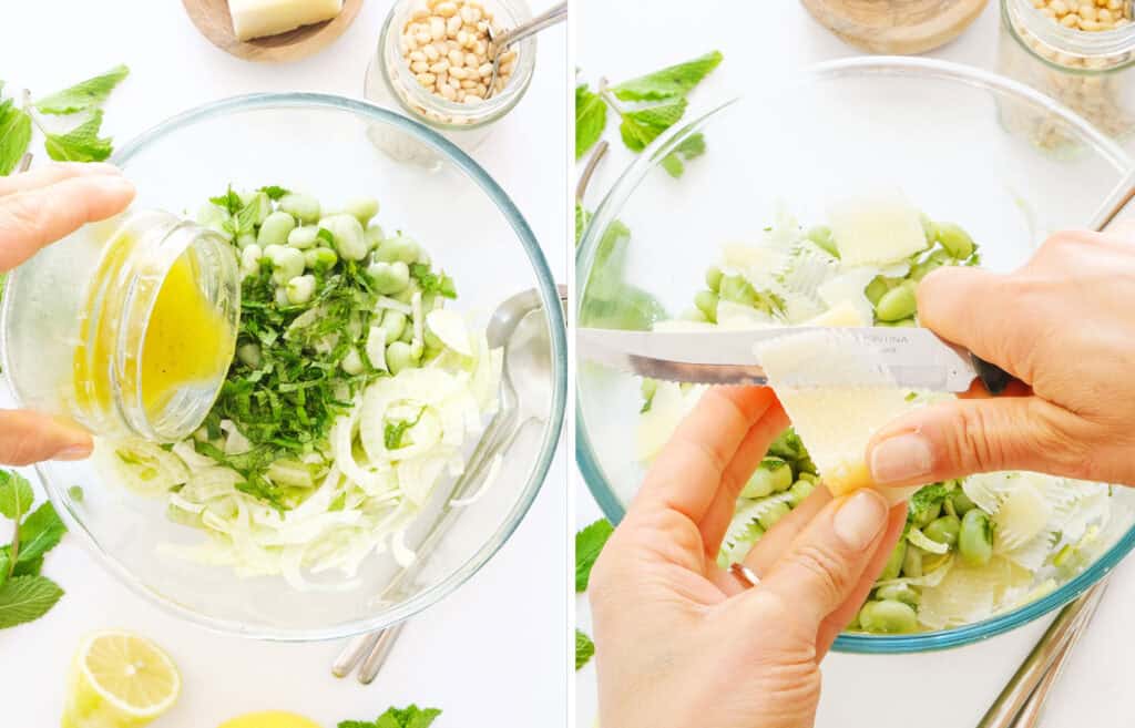 Two images showing hw to assamble the fava bean salad.