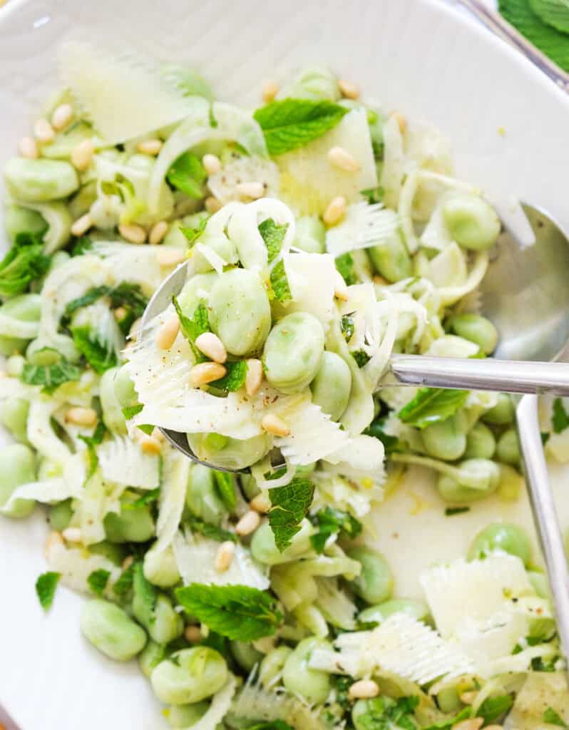 Close-up of some fava bean saald with pecotrino, mint and pine nuts.