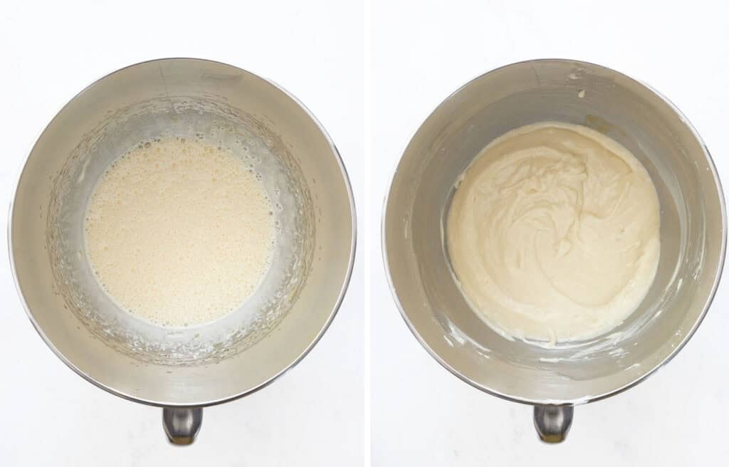 Top view of a stand mixer bowl full of fruit cake batter.