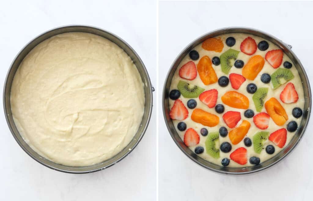 Top view of a cake pan with a fruit cake before baking.
