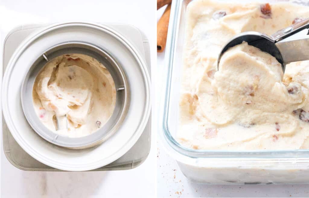 Top view of fluffy and scoopable apple ice cream after churning.