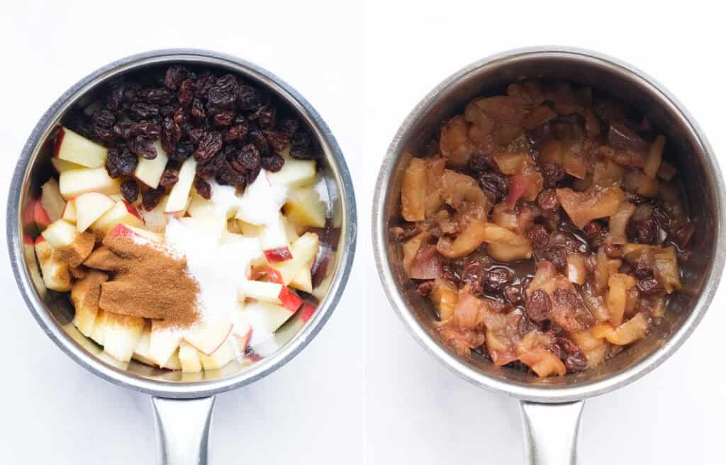 Top view with a pot full of apples, sugar and raisins before and after cooking.