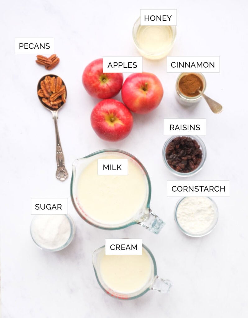 The ingredients to make apple ice cream are arranged over a white background.