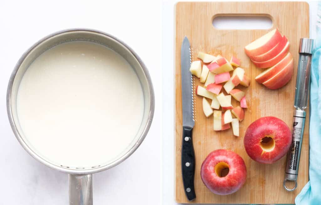 Top view of a pot full of cream and milk and a chopping board with apples.
