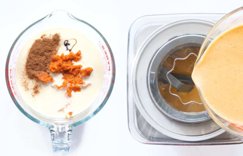 A jug is pouring pumpkin ice cream mixture into an ice cream maker.