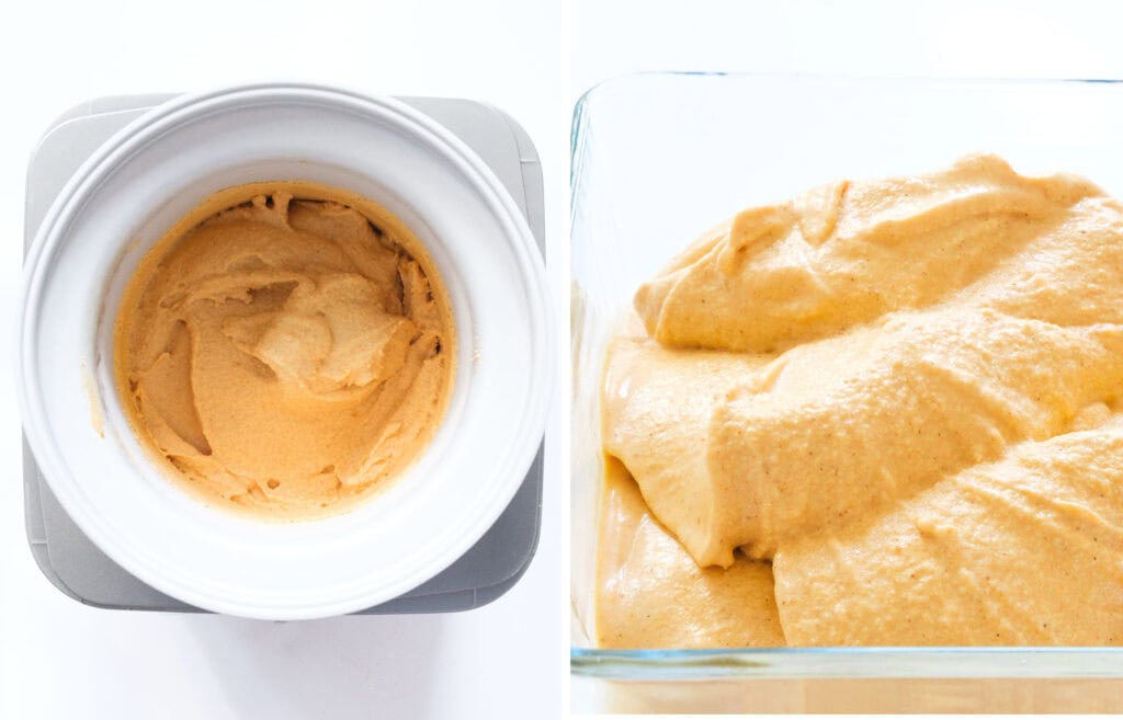 Top view of an ice cream maker full of fluffy pumpkin ice cream.