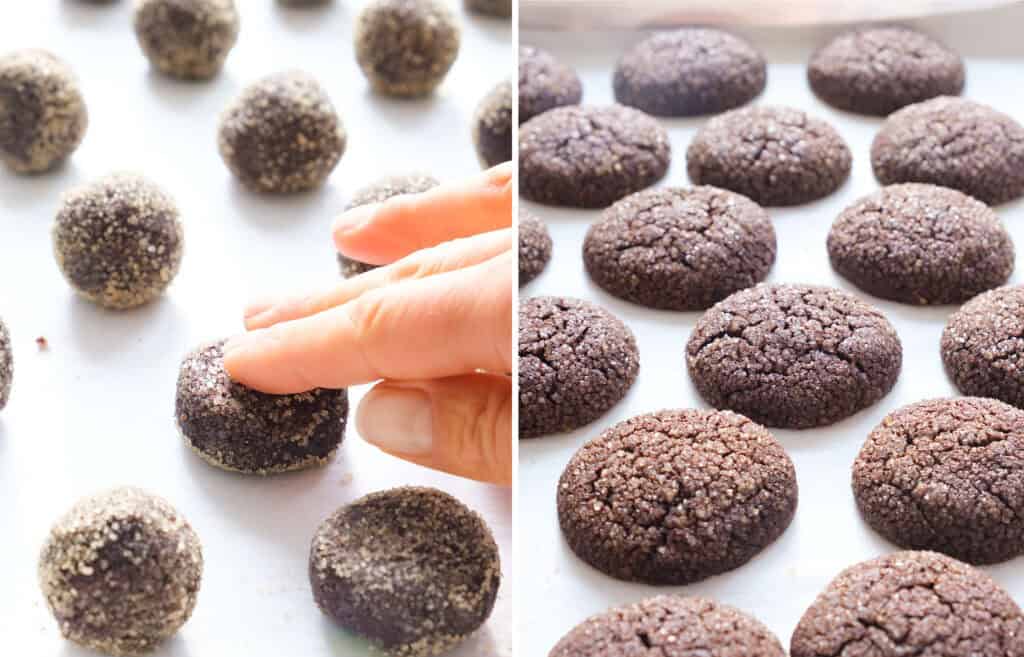 Close-up of the cocoa cookies befoer and after baking.