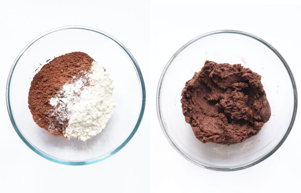 Top view of a glass bowl full of the ingreident to make the cocoa cookie dough.