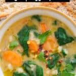 Top view of a bowl full of vegan barley soup.