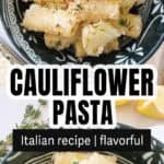 Cauliflower pasta in a dark bowl.