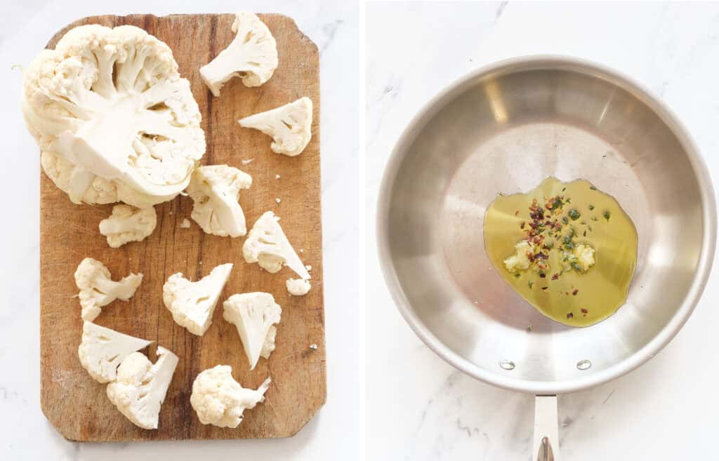 Two images showing cauliflower florets and a skillet with garlic and olive oil.