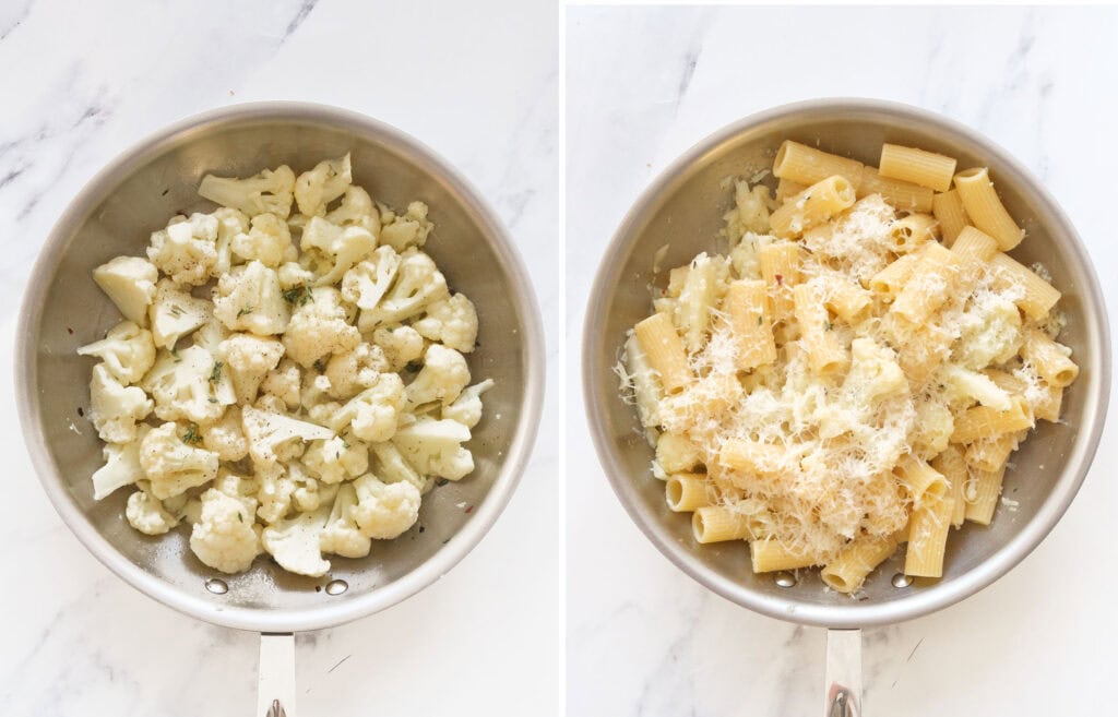 Two images showing a skillet full of cauliflower florets before and after adding pasta.