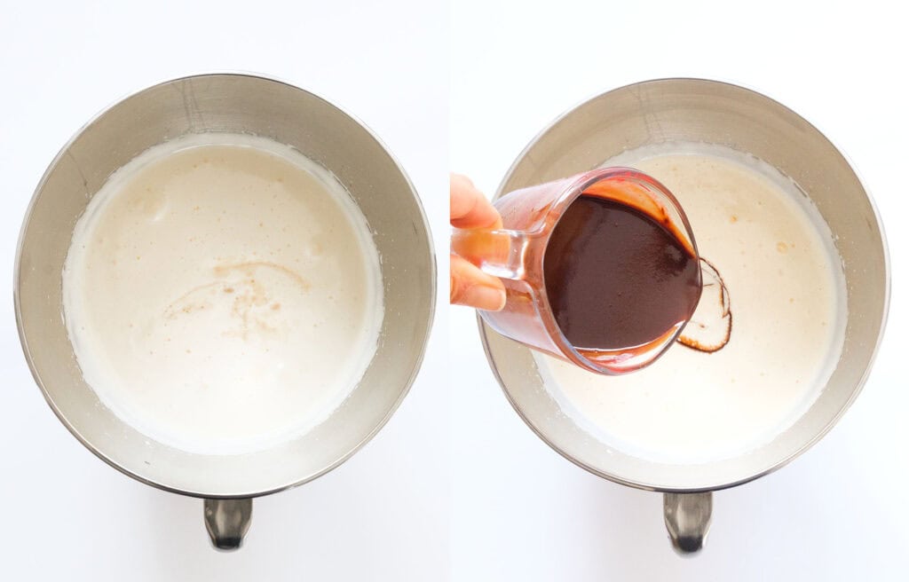 Top view of a mixing bowl full of pale cake batter before adding the melted chocolate,