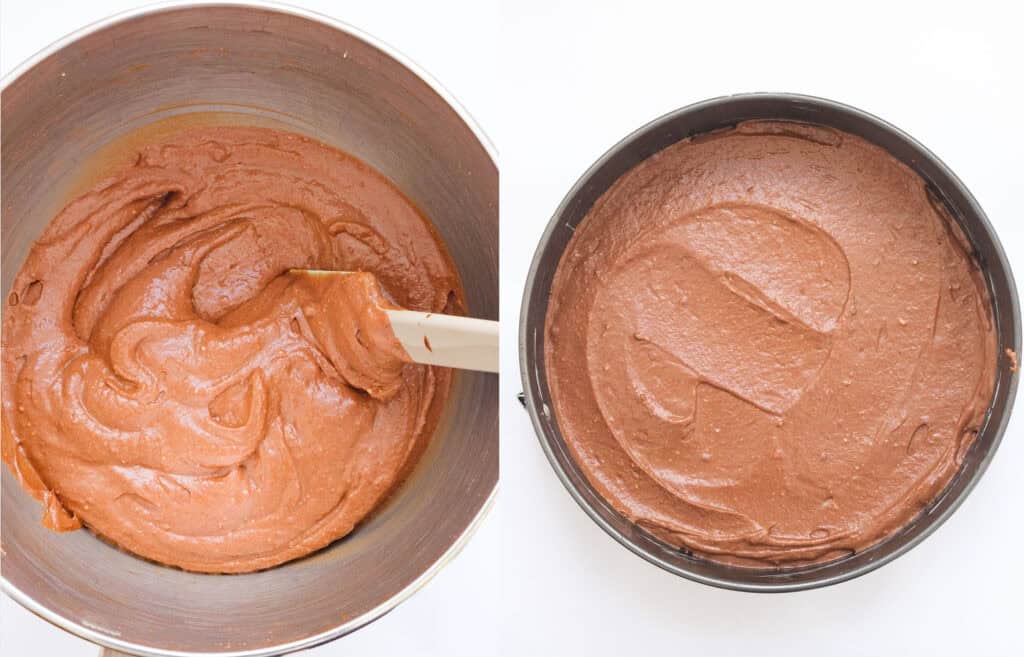Top view of a fluffy chocolate ricotta batter before baking.