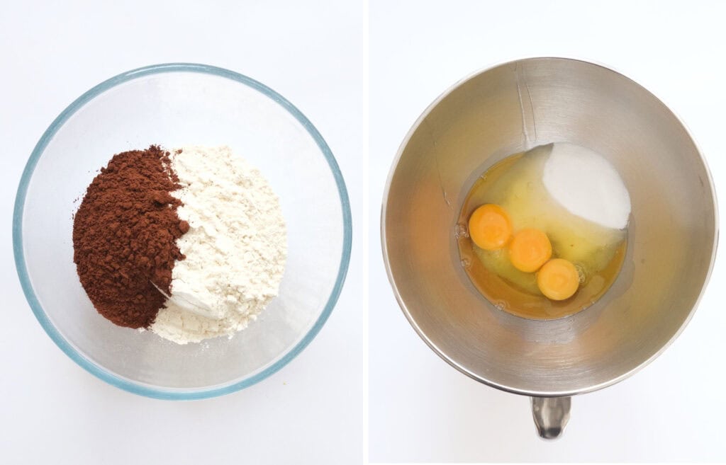 Top view of a bowl full of dry ingredients and a bowl full of eggs and sugar.
