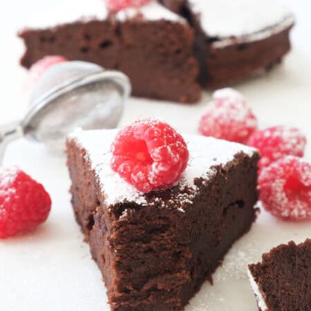 Close-up of a slice of chocolate ricotta cake.