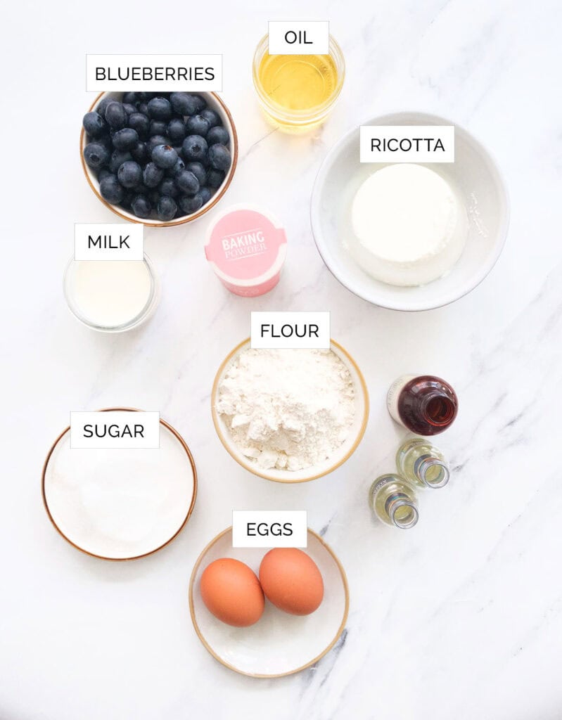 The ingredients to make blueberry ricotta cake are arranged over a white background.