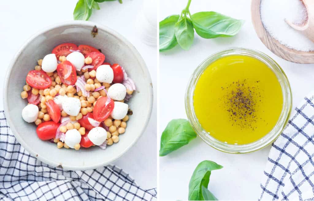 Top view of a bowl full of Italian chickpea salad and a jar full of salad dressing.