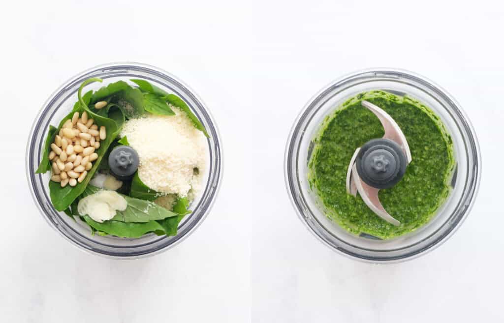 Top view of a small food processor with the ingredients to make pesto alla genovese before and after chopping.