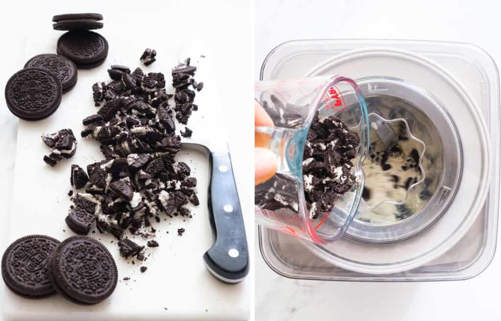 Chopped oreo cookies and top view of an ice cream churning oreo ice cream.
