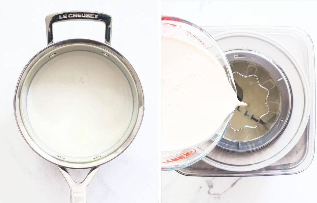 Top view or a pot with milk and an ice cream maker.
