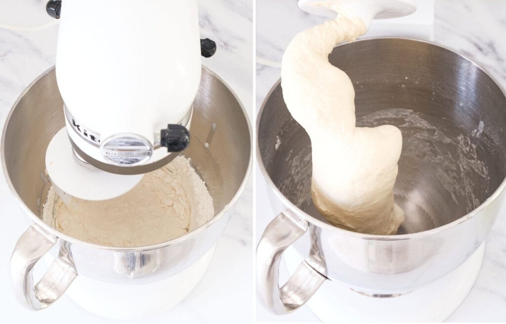 Pumpkin pizza dough made in a stand mixer.