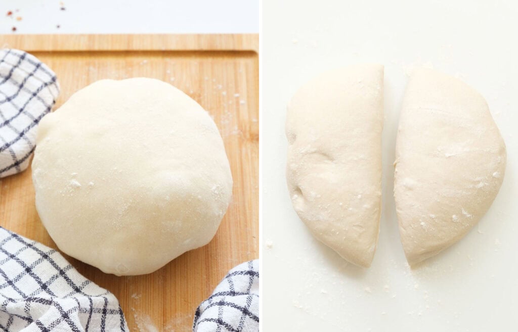 Cacio e pepe pizza dough split into halves.