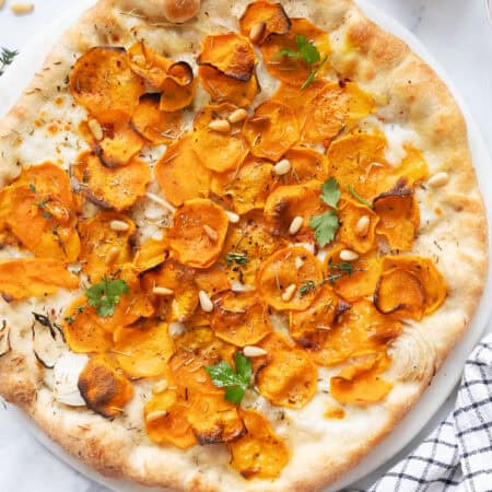 Top view of a sweet potato pizza.