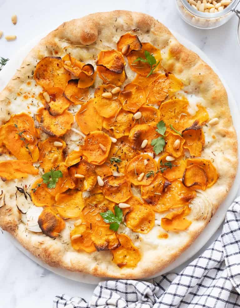 Top view of a sweet potato pizza.