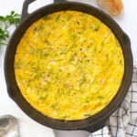 Leek frittata in a cast iron skillet.