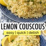 Lemon couscous on a blue plate.