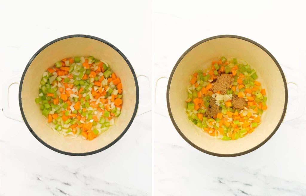 The ingredients for this green lentil soup are arranged over a white marble table.