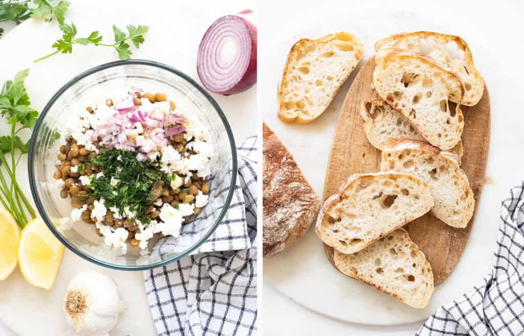 Top view of a glass bowl full of lentil dip and sliced ciabatta bread.
